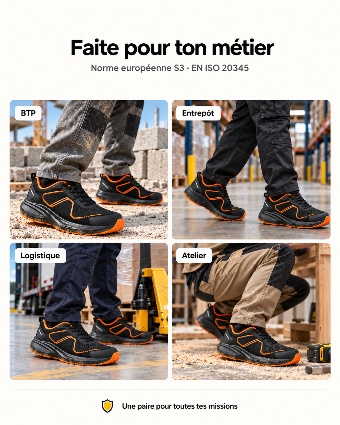 Faite pour ton métier : BTP, entrepôt, logistique, atelier – norme S3 EN ISO 20345